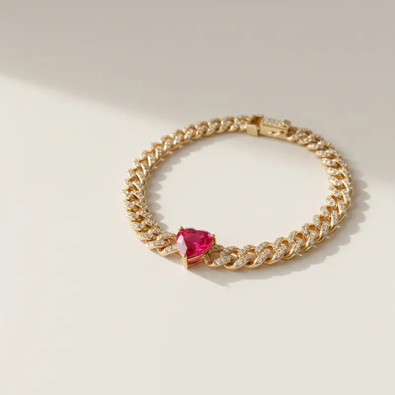 Pink heart curb bracelet on an off-white surface