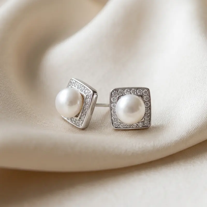 Square halo pearl studs on champagne silk