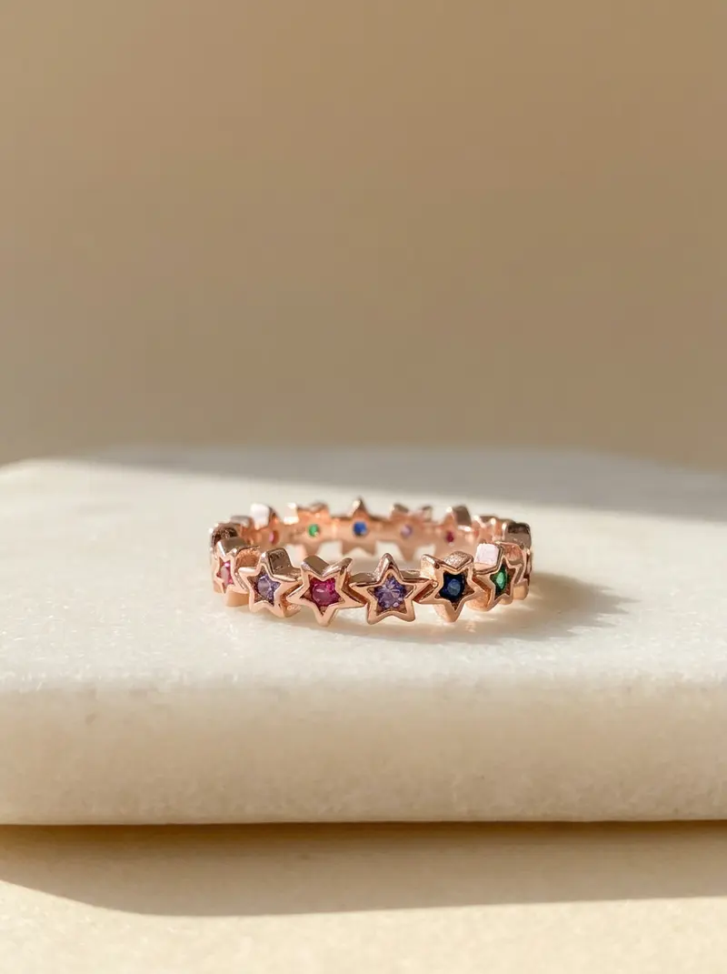 Star eternity ring lying flat on an ivory slab