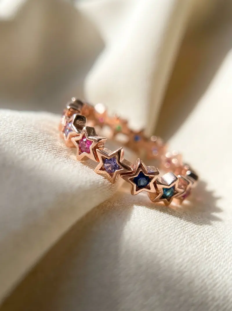 Close-up of the star eternity ring on folded linen