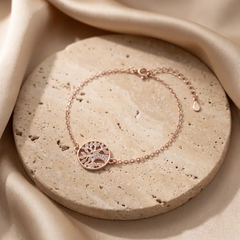 Tree of life bracelet on a travertine disc with champagne silk